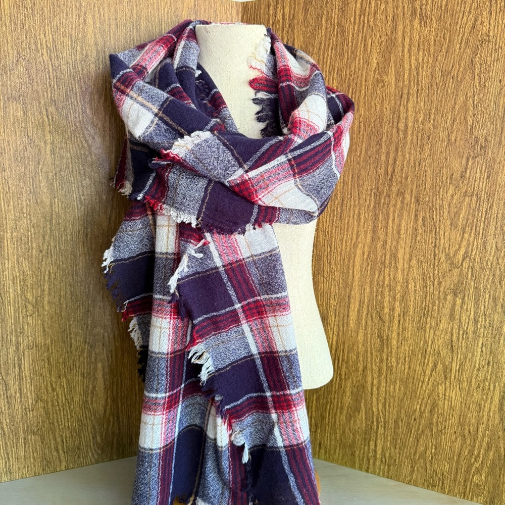 Madewell Range Plaid 100% Wool Scarf Red Navy Cream Tartan Fringe 25x72 Academia